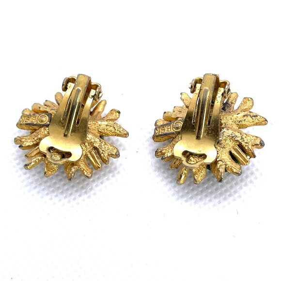 Vintage BSK Gold Tone Flower Sunburst Jade Stone Clip-On Earrings 50-60s Retro - Picture 7 of 12